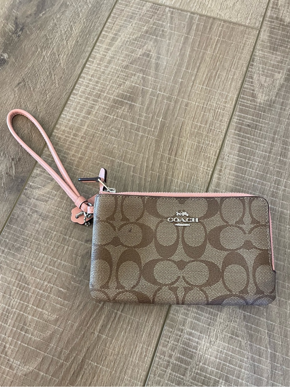 Coach Brown Signature Canvas Wristlet with Pink Trim